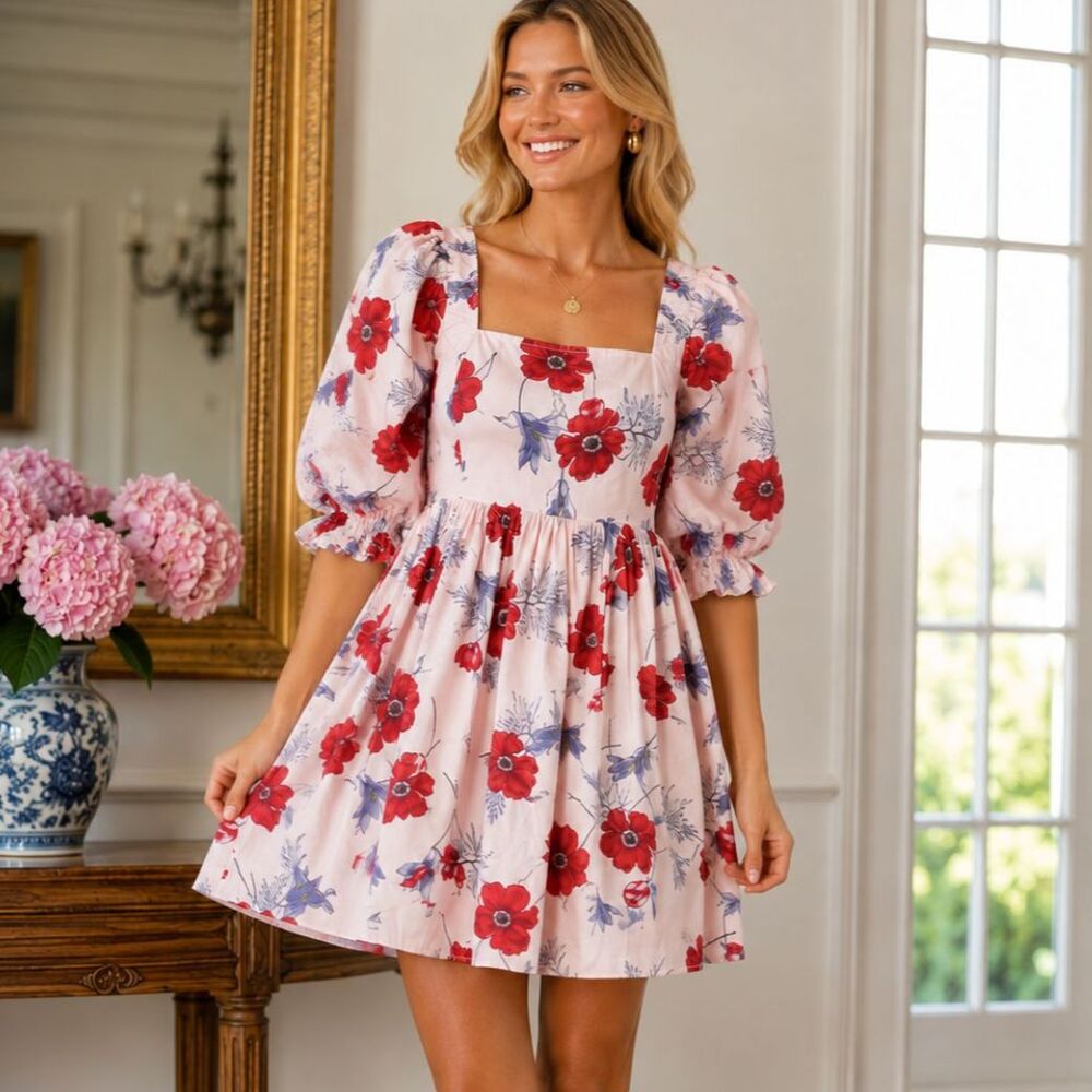 Tuckernuck Hyacinth House Veronica Dress‎ Red Poppy Floral Cotton Mini Dress Lg